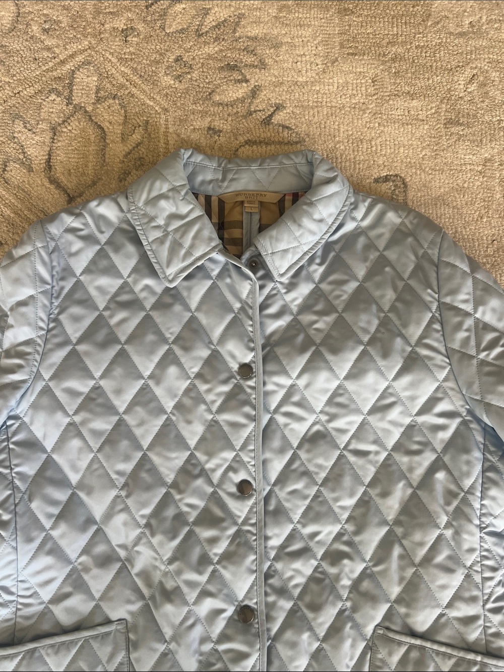 Burberry Light Blue Quilted Puffer Jacket with Signature Plaid Cuffs EC - Picture 2 of 10